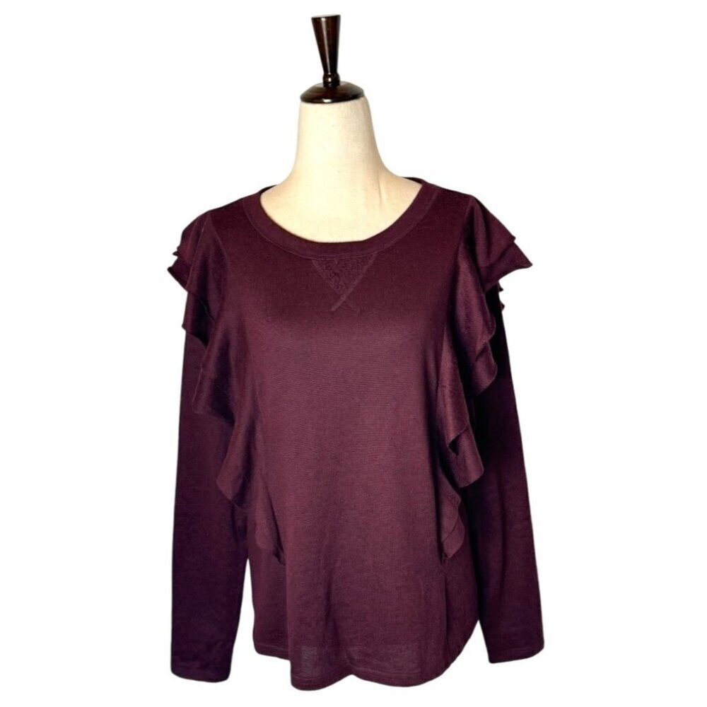 NYDJ Sweater‎ Women Small Burgundy Knit Ruffle Front Crew Neck Pullover